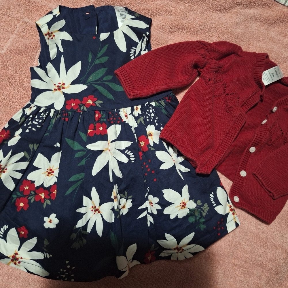 Carters Navy Blue Floral Dress with Red Button Cardigan Size 6M